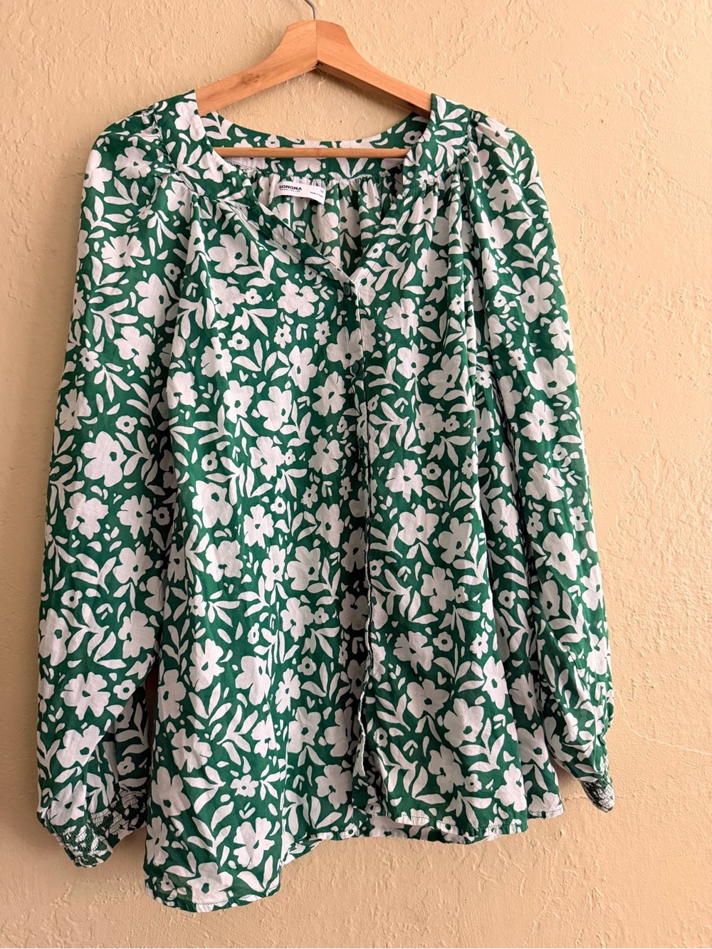 Sonoma Green and White Floral Peasant Blouse